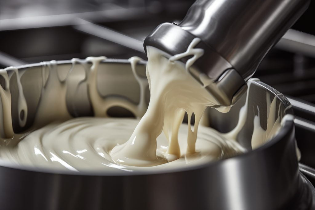 Macro shot of a homogenizer efficiently emulsifying milk and cream for dairy production. PAR4012 Series Spec Sheet | Ultrasonic Transducers Use in Food | Parsonicscorp.com | 815.338.6509